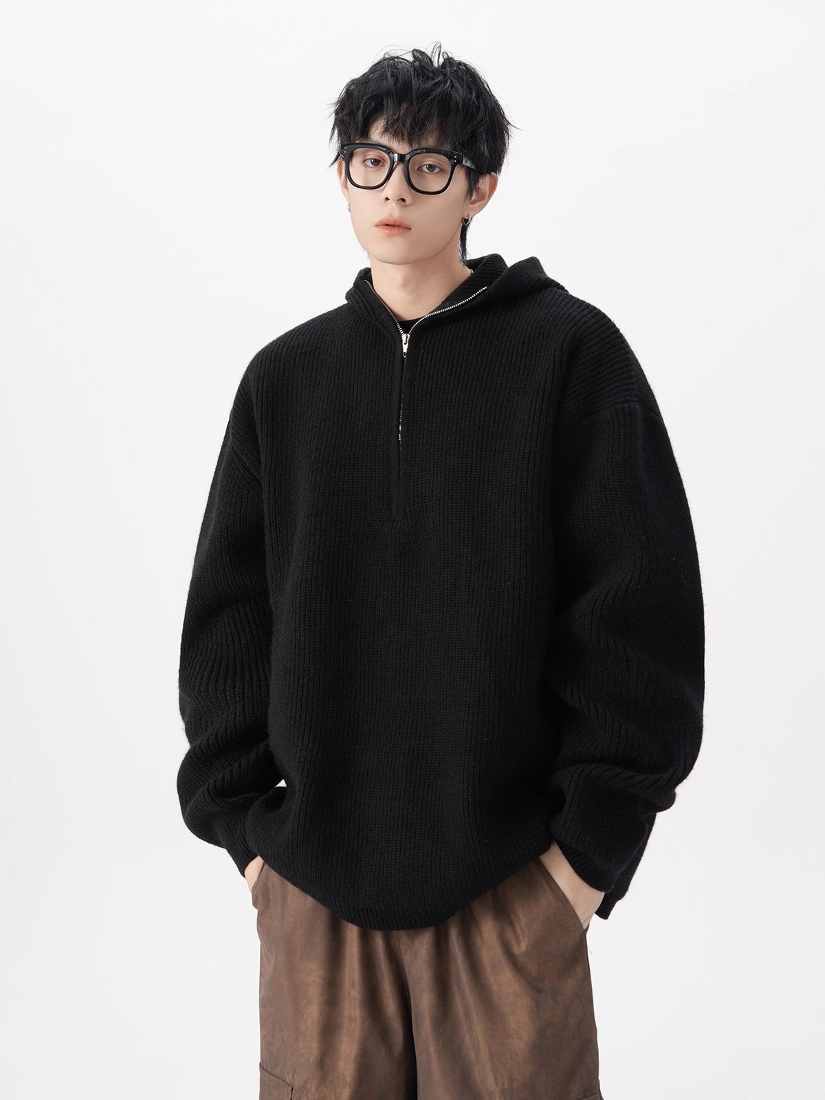 boy Boy Boy Boy Half-Zip Hooded Sweater For Men, Autumn Trendy Loose Cleanfit Knitwear, Lazy High-End Feel Couple's Jacket_voghion.com