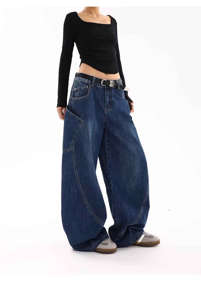 Jeans ChicShe American Retro Large Pocket Scimitar da donna, stile primaverile e autunnale, design High Street, gamba larga e ampia_voghion.com