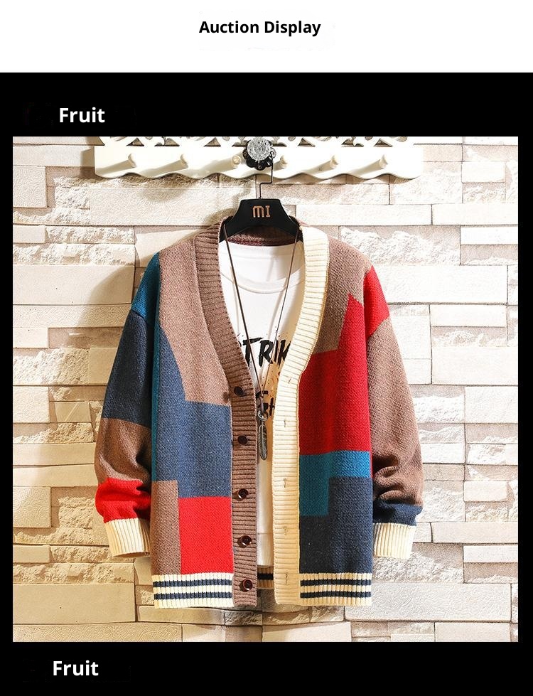 Herren-Cardigan für Jungen, Herbst/Winter, Design Sense Niche, V-Ausschnitt, Strick, locker, lange Ärmel, Patchwork, trendige Jacke_voghion.com