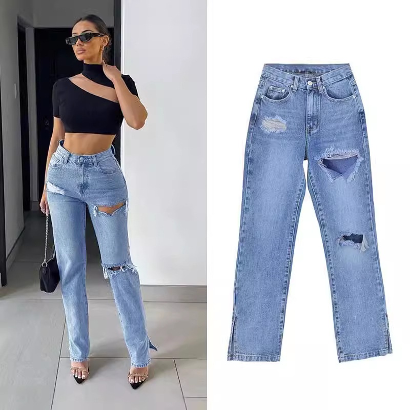 ChicShe European American Women's Fashion High Waist Slimming Straight Leg Jeans Floor-Length With Ripped Cuffs And Slit Hem_voghion.com