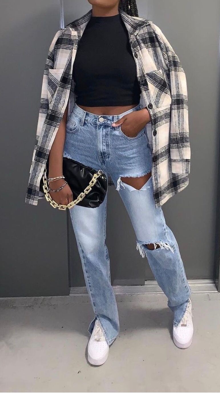 ChicShe European American Women's Fashion High Waist Slimming Straight Leg Jeans Floor-Length With Ripped Cuffs And Slit Hem_voghion.com