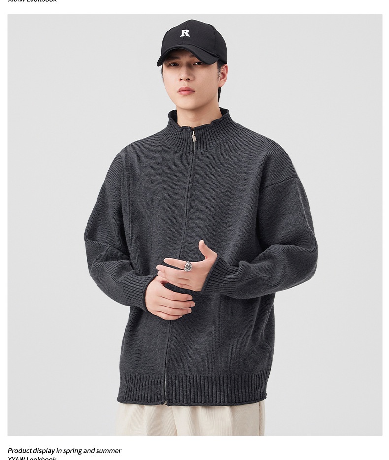 boy Boy Boy Boy Japanese Style Solid Color Heavyweight Zipper Cardigan Knitwear Versatile Casual Autumn Winter Light Sweater_voghion.com