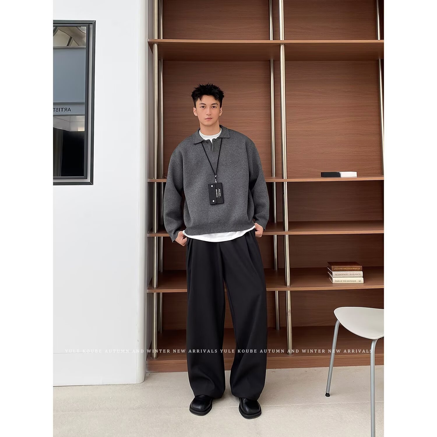 boy Boy Boy Boy Gray Polo Sweater Lazy High-End Feel Winter Heavyweight Turn-Down Collar Knitwear Men's American Cleanfit Jacket_voghion.com