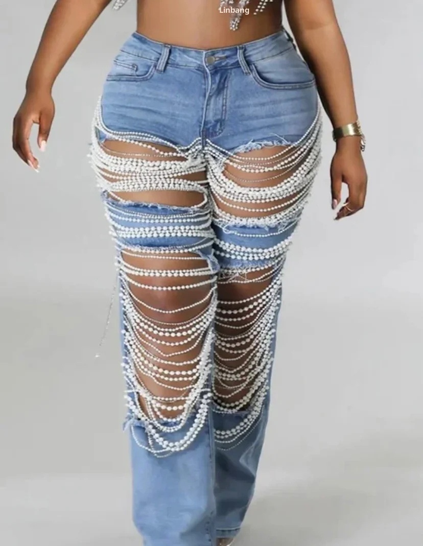 ChicShe Spicy Girl Zomer Europese en Amerikaanse Cross-Border Distressed Heavy Beaded Elastische Jeans Lange Broek Dames JEANS_voghion.com