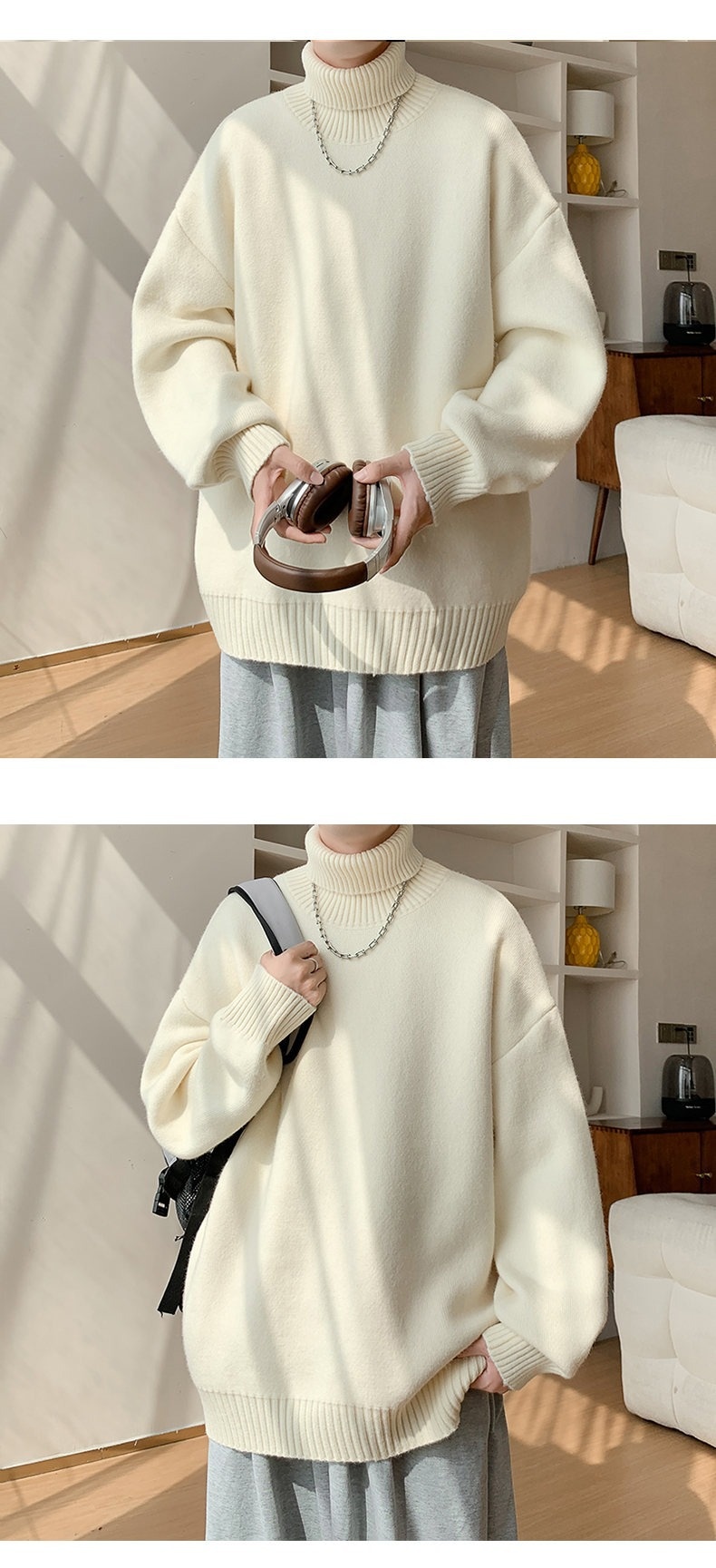 boy Boy Boy Boy Turnable High Collar Men Winter Plus Size Trendy Loose Fit Versatile Knitted Sweater Casual Inner Layer Base Shirt_voghion.com