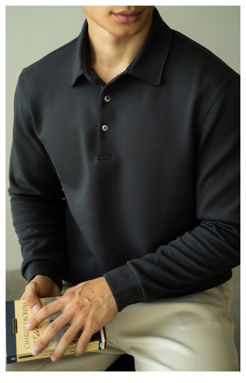 Polo da uomo a maniche lunghe con colletto rovesciato, stile business casual, stile pendolare, modello Boy, pesante, double-face, a strati d'aria, primavera 2025_voghion.com