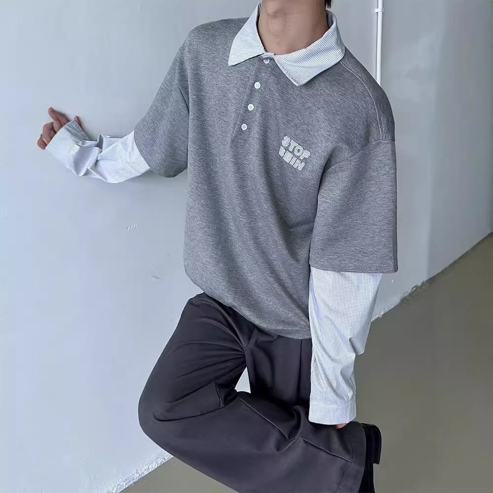 boy Boy Two-Piece American Retro Polo For Men, Spring And Autumn Style, Trendy Brand, High-End Sweatshirt, Plaid Patchwork_voghion.com