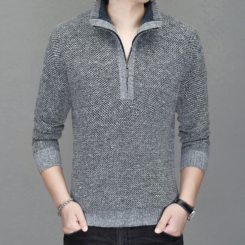 Jungen-Strickjacke aus dickem Fleece, Herren-Freizeitstrickjacke mit Stehkragen, Halbstrickjacke 8146#_voghion.com