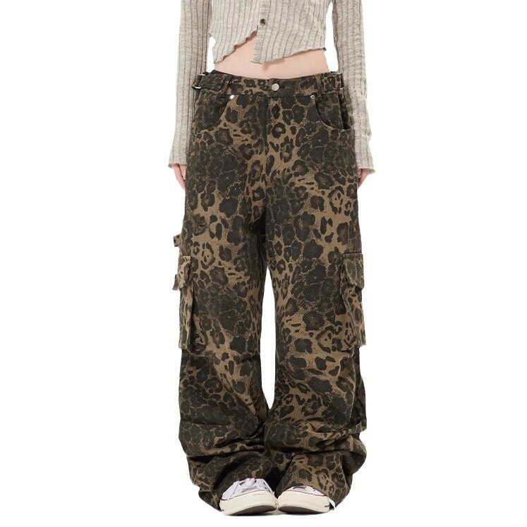 ChicShe Leopard Print Unisex Pocket Cargo Pants Jeans Street Style Wide Leg European And American Straight Loose Casual Retro_voghion.com