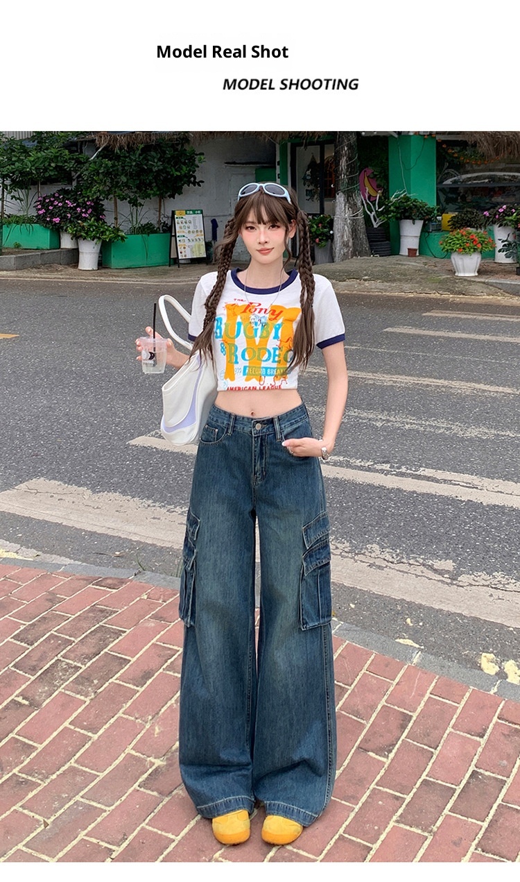 ChicShe Vintage Blue Washed Cargo Jeans For Women New American Retro High Waist Straight Wide Leg Pants_voghion.com