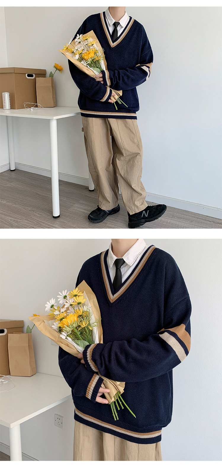 boy Boy Boy Boy Autumn Winter Sweater Men V-Neck Japanese Retro Loose Korean Style Pullover Casual Trendy Brand BF Color Block Knitwear_voghion.com