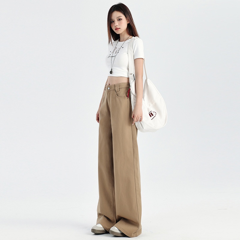 ChicShe Hong Kong-stijl rechte jeans voor dames, zomer, nieuwe high-end Latte Brown losse, afslankende, wijde broek tot op de grond_voghion.com