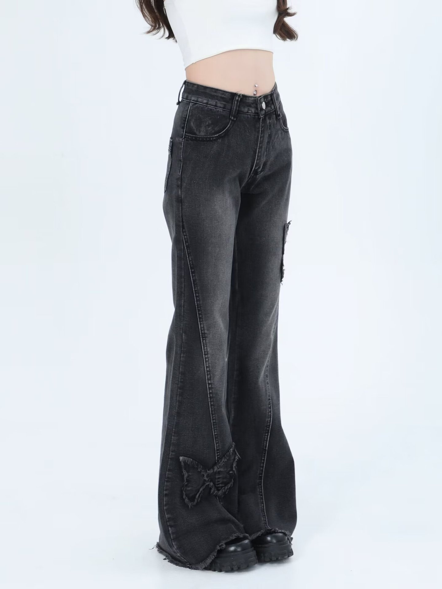Jean évasé ChicShe Plus style américain tendance, broderie papillon, pour femme, été, grandes tailles, pantalon amincissant à jambes larges_voghion.com
