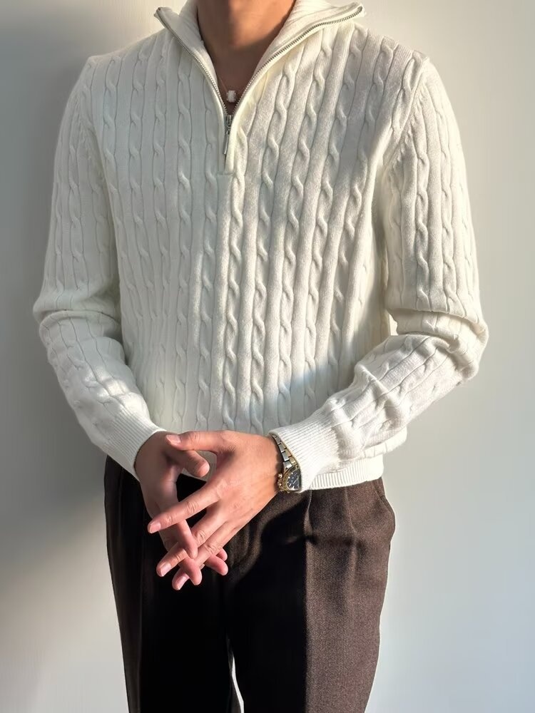 Pull demi-zip pour homme, collection automne 2024, style coréen, polyvalent, en maille épaisse à torsades, col rabattu._voghion.com