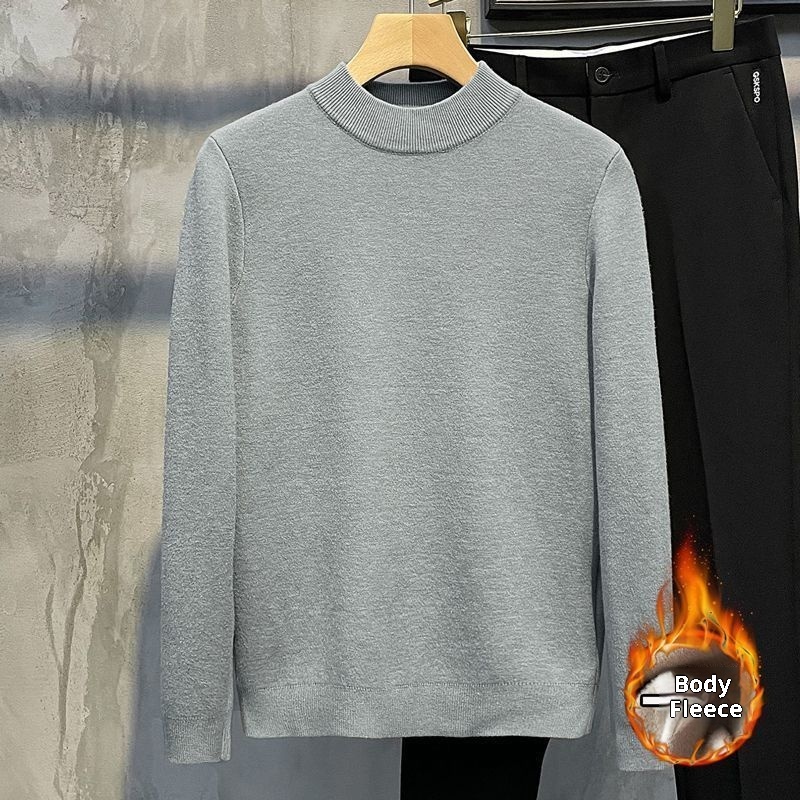 boy Boy Boy Boy Half Turtleneck Sweater For Men, Fleece-Lined Thickened, Autumn And Winter, Mid-Neck, Solid Color, Student Base Layer,_voghion.com