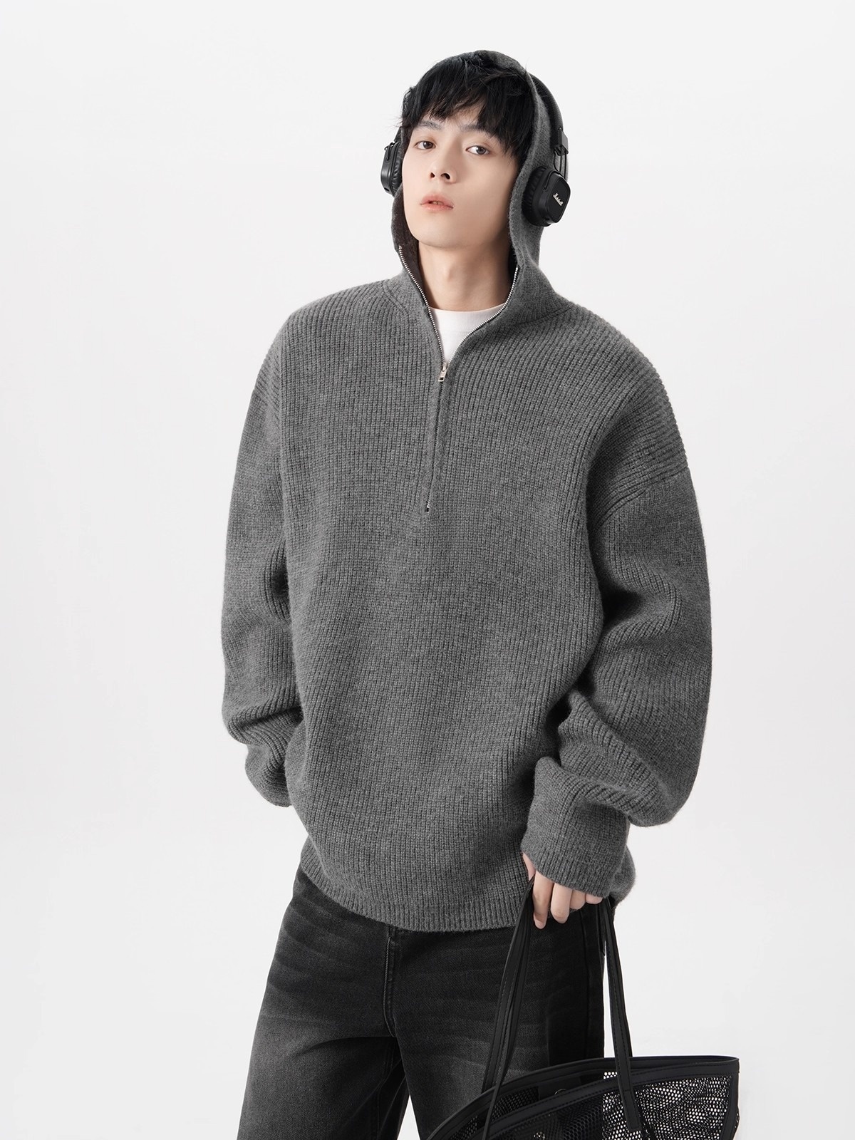 boy Boy Boy Boy Half-Zip Hooded Sweater For Men, Autumn Trendy Loose Cleanfit Knitwear, Lazy High-End Feel Couple's Jacket_voghion.com