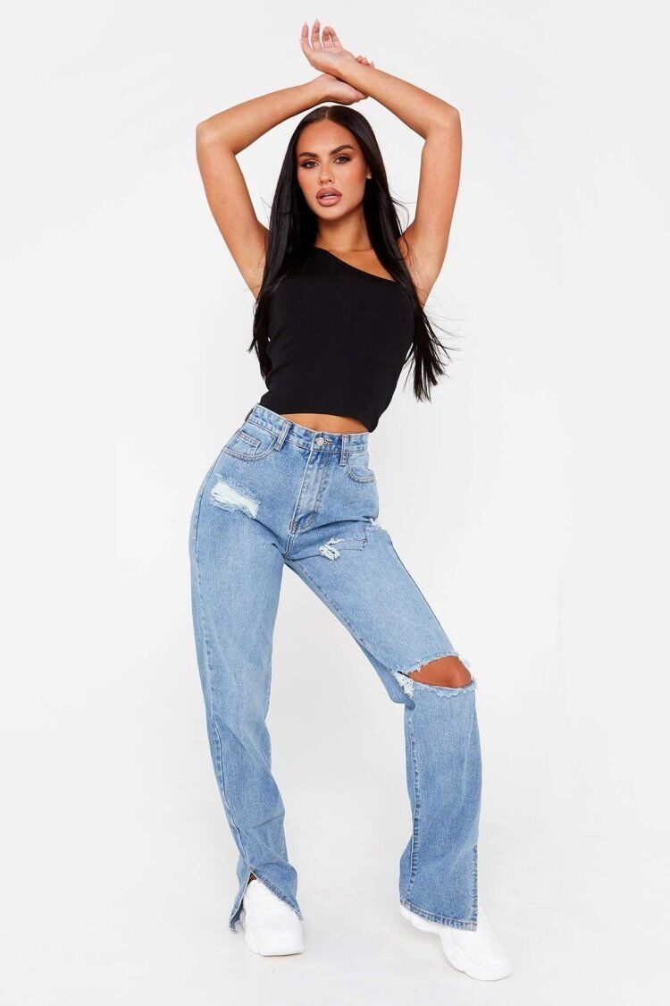 ChicShe European American Women's Fashion High Waist Slimming Straight Leg Jeans Floor-Length With Ripped Cuffs And Slit Hem_voghion.com