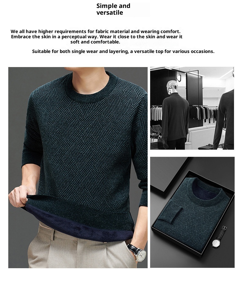 boy Boy Boy Boy 2023 Winter New Thickened Chenille Fleece Knitted Men's Round Neck Warm Base Layer Sweater_voghion.com
