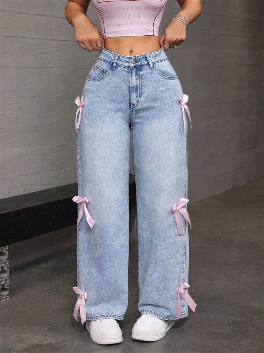 ChicShe Cross-Border Y2K Street Style Hot Girl Bow Washed Jeans Loose Straight Wide-Leg Pants JEANS_voghion.com