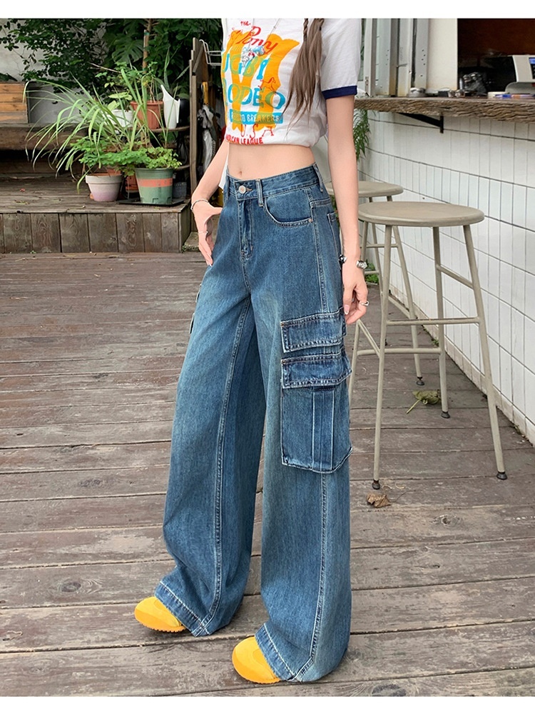 ChicShe Vintage Blue Washed Cargo Jeans For Women New American Retro High Waist Straight Wide Leg Pants_voghion.com