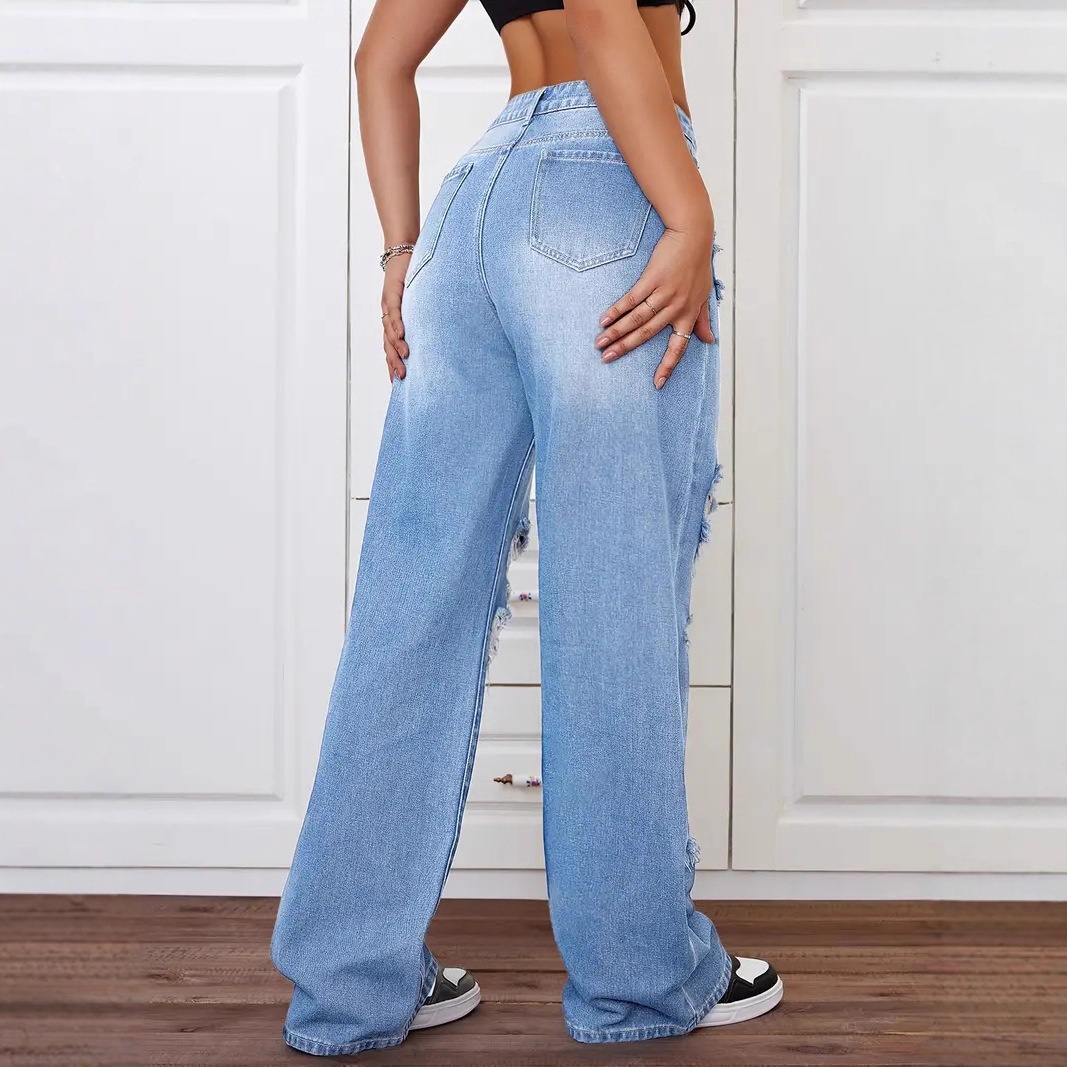ChicShe European And American Cross-Border Trade Ripped Jeans Washed High Waist Straight Versatile Loose Denim Pants For Women_voghion.com