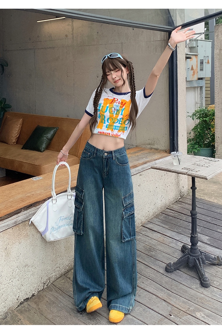 ChicShe Vintage Blue Washed Cargo Jeans For Women New American Retro High Waist Straight Wide Leg Pants_voghion.com
