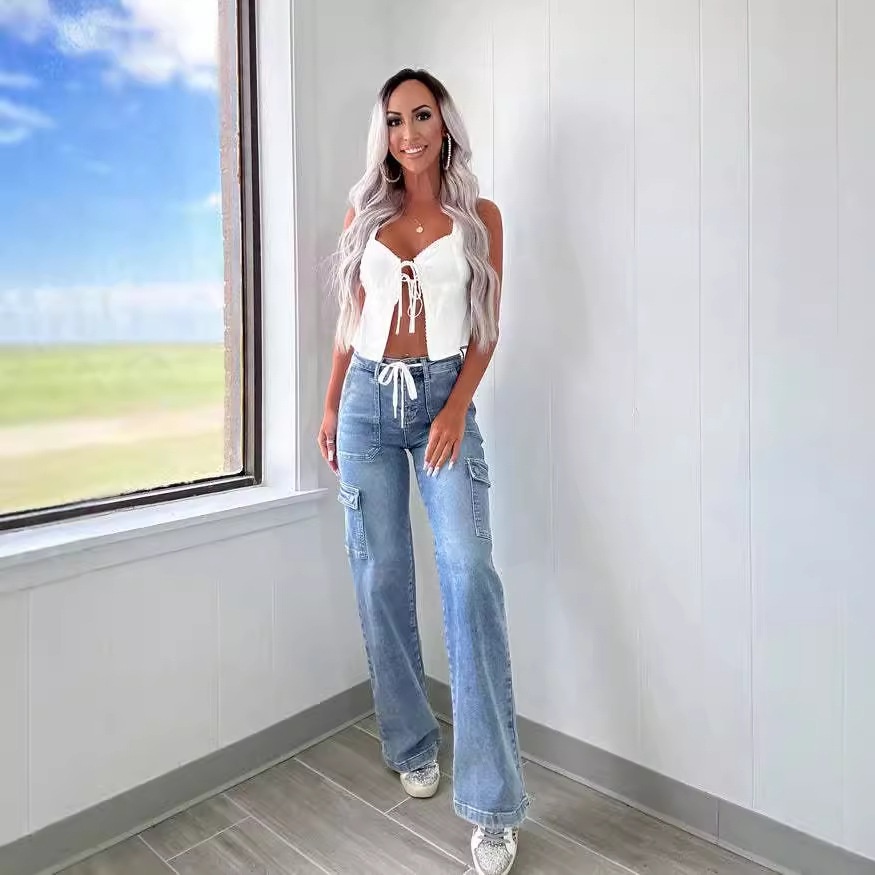 ChicShe Vendita diretta in fabbrica 2025 Nuovi jeans a gamba dritta da donna in stile americano, casual, con lacci, multitasche, funzionali, cargo_voghion.com