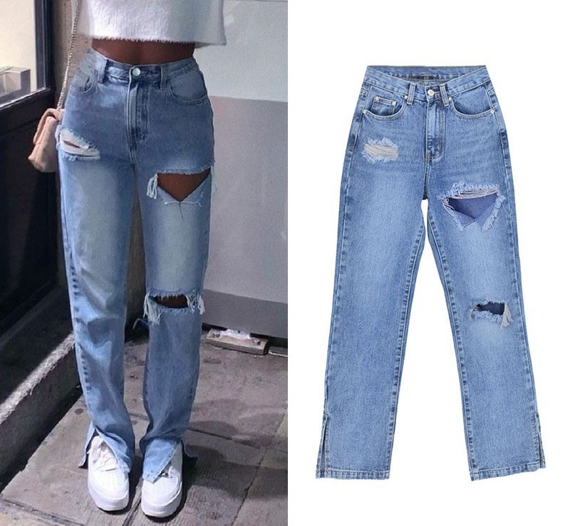 ChicShe European American Women's Fashion High Waist Slimming Straight Leg Jeans Floor-Length With Ripped Cuffs And Slit Hem_voghion.com