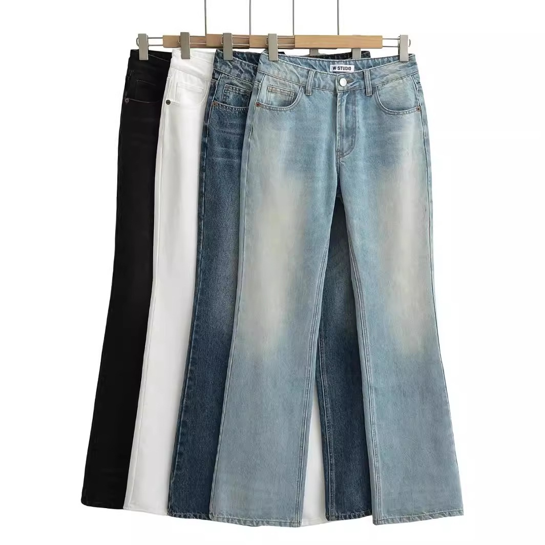 ChicShe 2025 Nieuwe INS Europese en Amerikaanse stijl gewassen witte mid-waist flared broek vloerlengte dames hoge taille afslankend_voghion.com