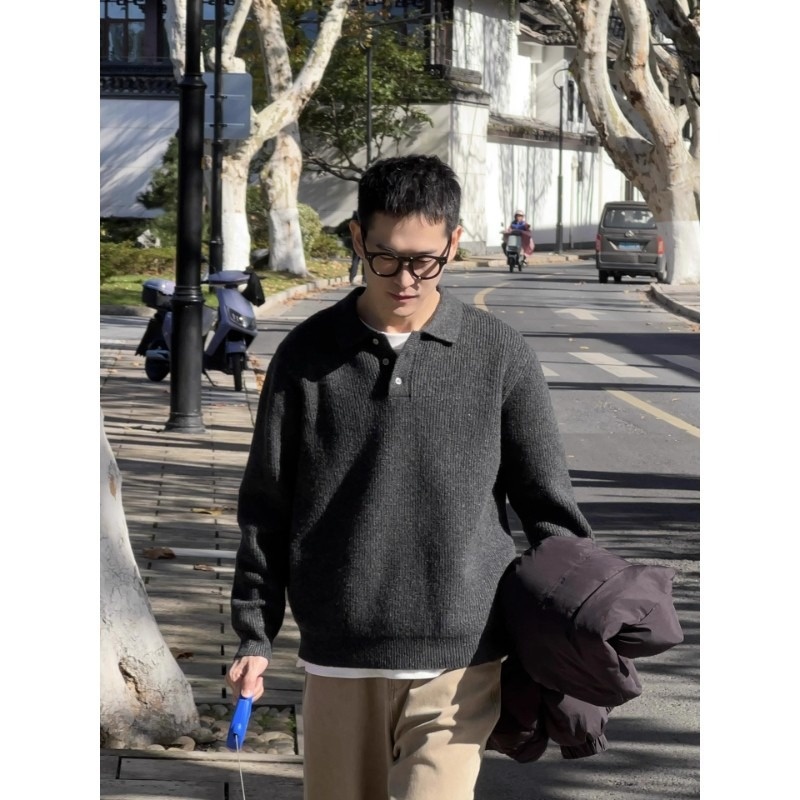 boy Boy Boy Boy Japanese Style Casual Light Lapel Sweater For Men, Autumn Lazy Polo Knitwear, Simple Versatile Loose Top_voghion.com