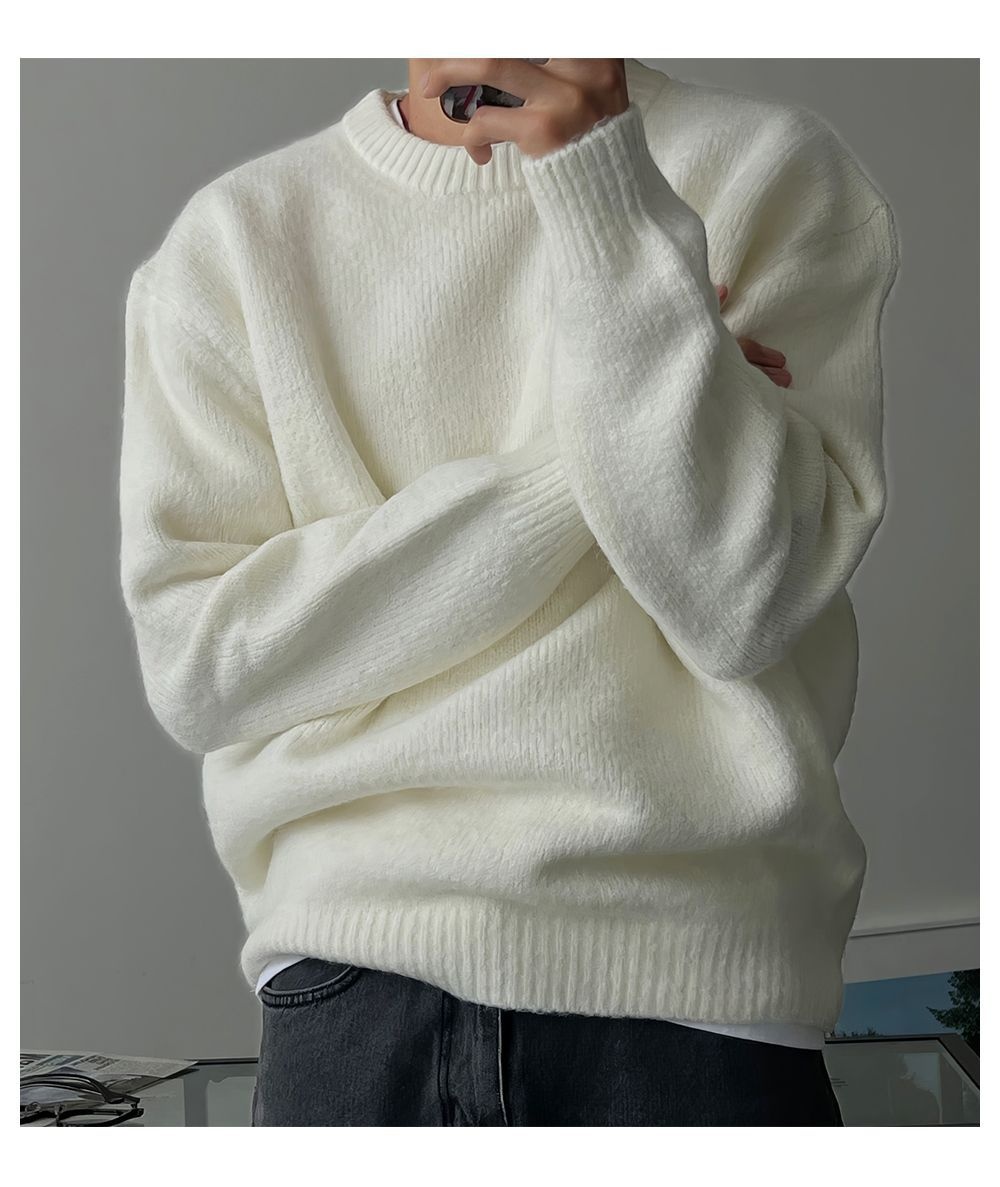 boy Boy Boy Boy Solid Color Drop Shoulder Round Neck Knitted Sweater For Men, Spring And Autumn Lazy Basic Versatile Sweater, Warm_voghion.com