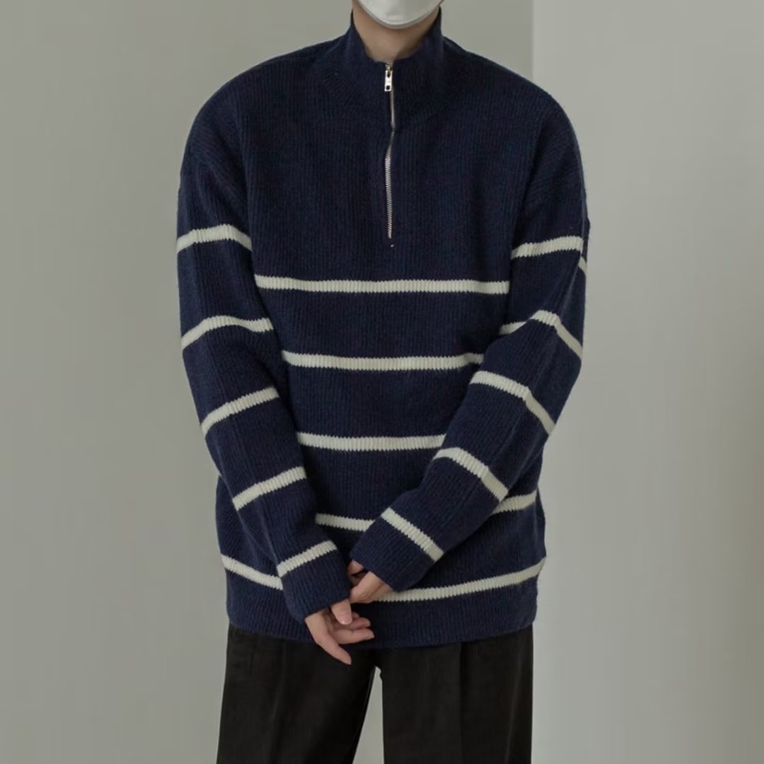 boy Boy Boy Boy Japanese Style Turn-Down Collar Sweater For Men, Autumn Korean Version, Lazy Style, Versatile Striped Pullover, Half-Zip_voghion.com
