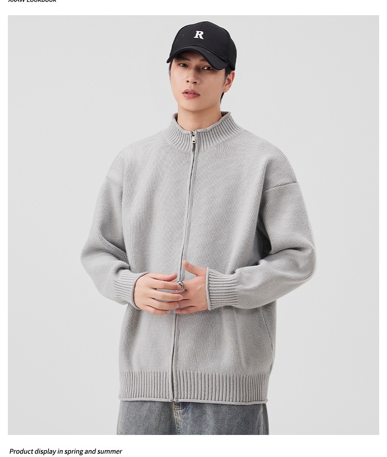 boy Boy Boy Boy Japanese Style Solid Color Heavyweight Zipper Cardigan Knitwear Versatile Casual Autumn Winter Light Sweater_voghion.com
