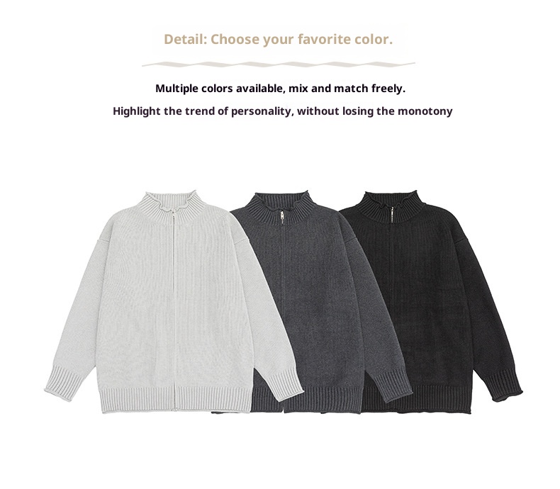 boy Boy Boy Boy Japanese Style Solid Color Heavyweight Zipper Cardigan Knitwear Versatile Casual Autumn Winter Light Sweater_voghion.com