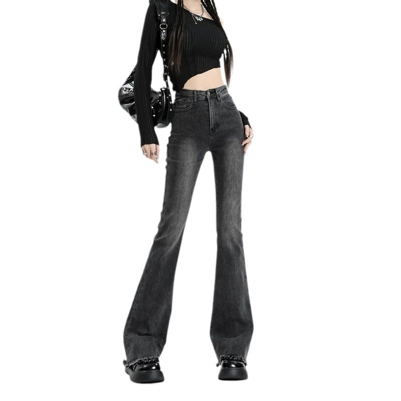 ChicShe Gray Jeans Women, Autumn High Waist Slimming Bootcut Pants, Petite Elastic Frayed Flared Trousers For Fall And Winter_voghion.com