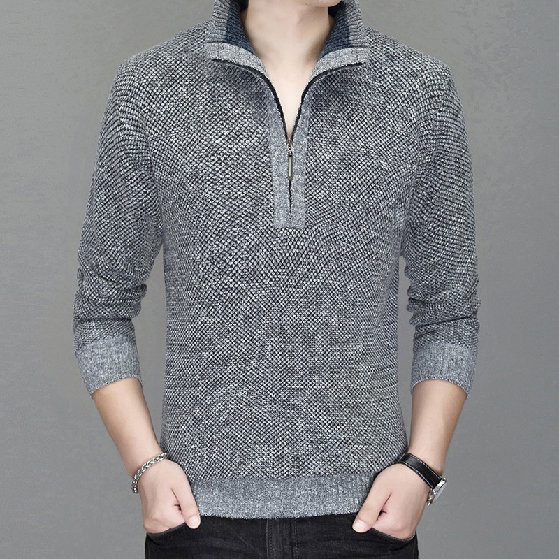 Jungen-Strickjacke aus dickem Fleece, Herren-Freizeitstrickjacke mit Stehkragen, Halbstrickjacke 8146#_voghion.com