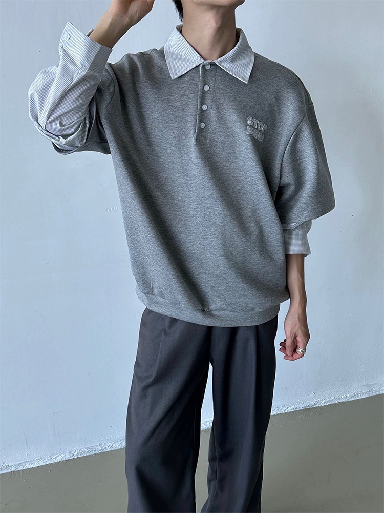 boy Boy Two-Piece American Retro Polo For Men, Spring And Autumn Style, Trendy Brand, High-End Sweatshirt, Plaid Patchwork_voghion.com