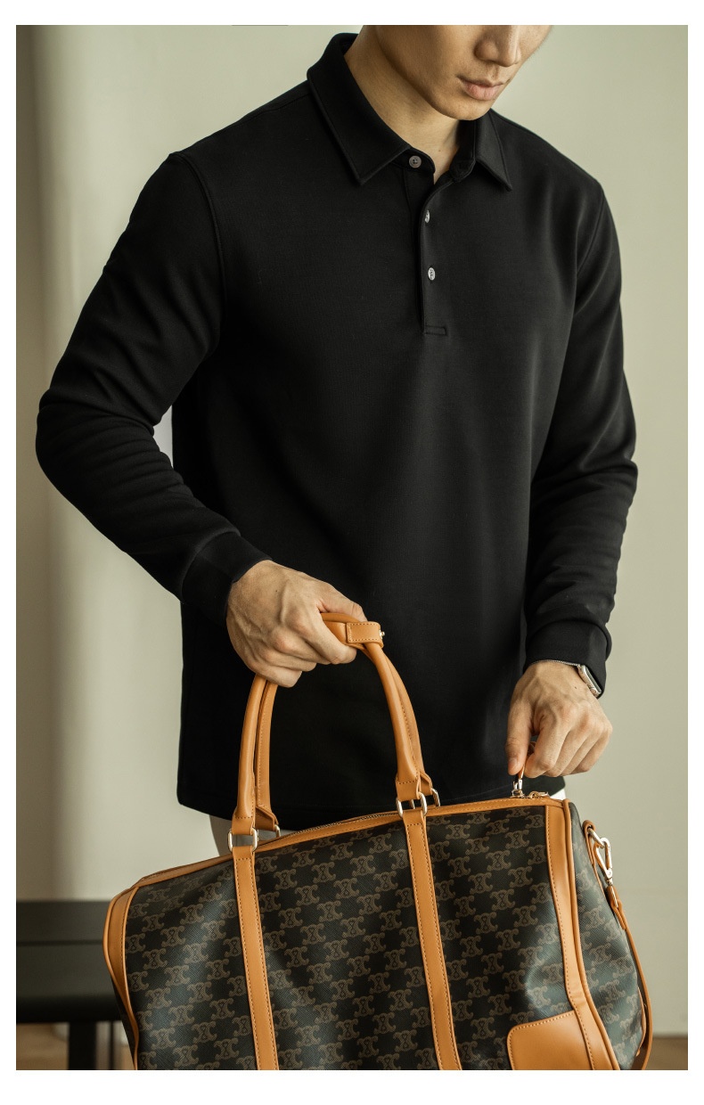 Polo da uomo a maniche lunghe con colletto rovesciato, stile business casual, stile pendolare, modello Boy, pesante, double-face, a strati d'aria, primavera 2025_voghion.com