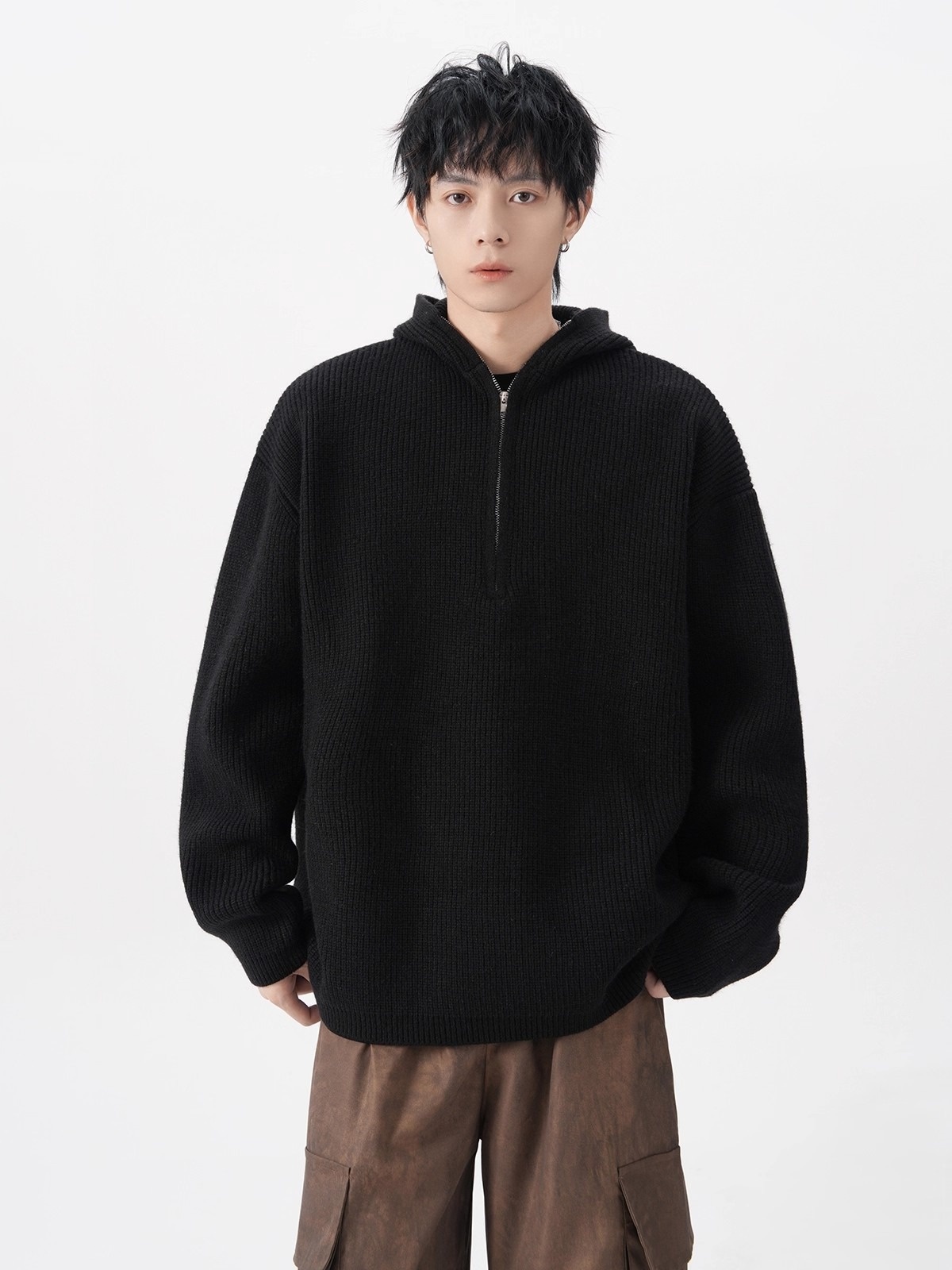 boy Boy Boy Boy Half-Zip Hooded Sweater For Men, Autumn Trendy Loose Cleanfit Knitwear, Lazy High-End Feel Couple's Jacket_voghion.com