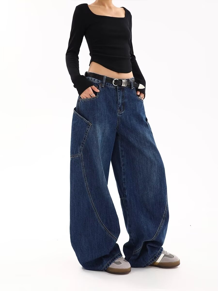Jeans ChicShe American Retro Large Pocket Scimitar da donna, stile primaverile e autunnale, design High Street, gamba larga e ampia_voghion.com