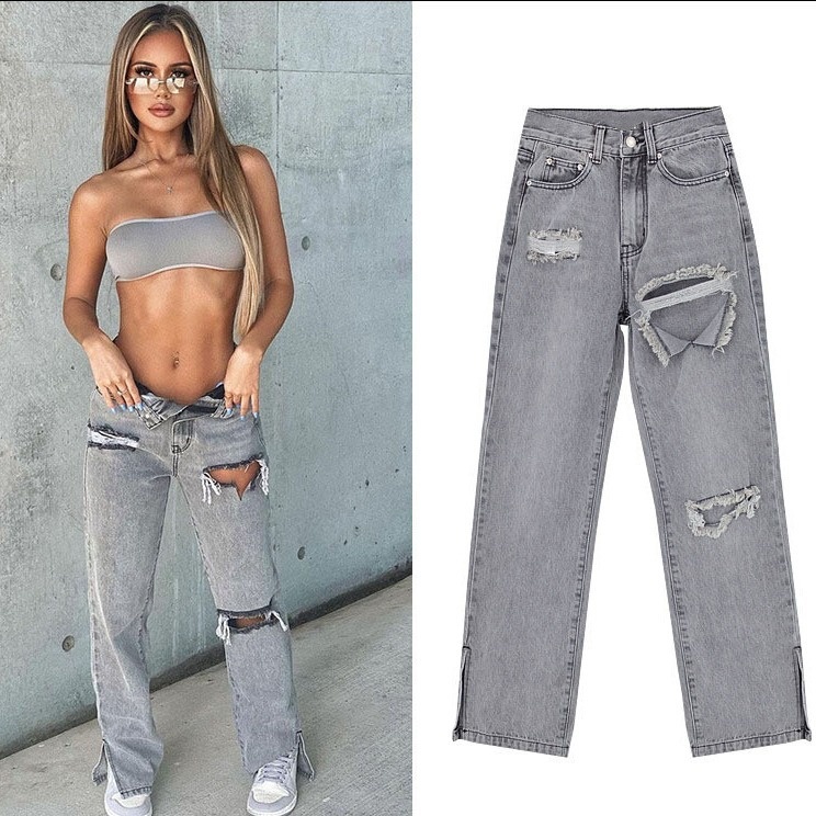 ChicShe European American Women's Fashion High Waist Slimming Straight Leg Jeans Floor-Length With Ripped Cuffs And Slit Hem_voghion.com