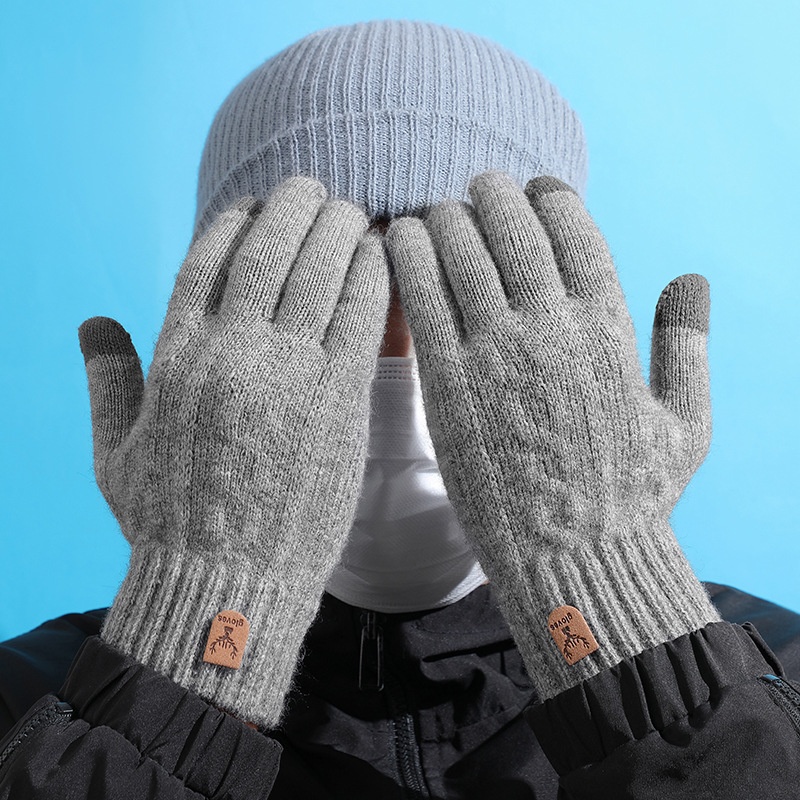 boy Boy Winter Warm Touchscreen Fleece Lined Thick Knitted Cycling Cold-Proof Men's Five-Finger Wool Gloves Cross-Border_voghion.com