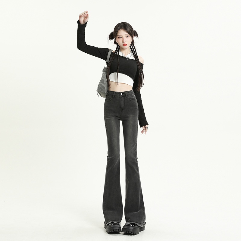 ChicShe Vintage High-Waisted Jeans voor dames 2025 Herfst Nieuwe Small Slim Fit Gerafelde Uitlopende Broek_voghion.com