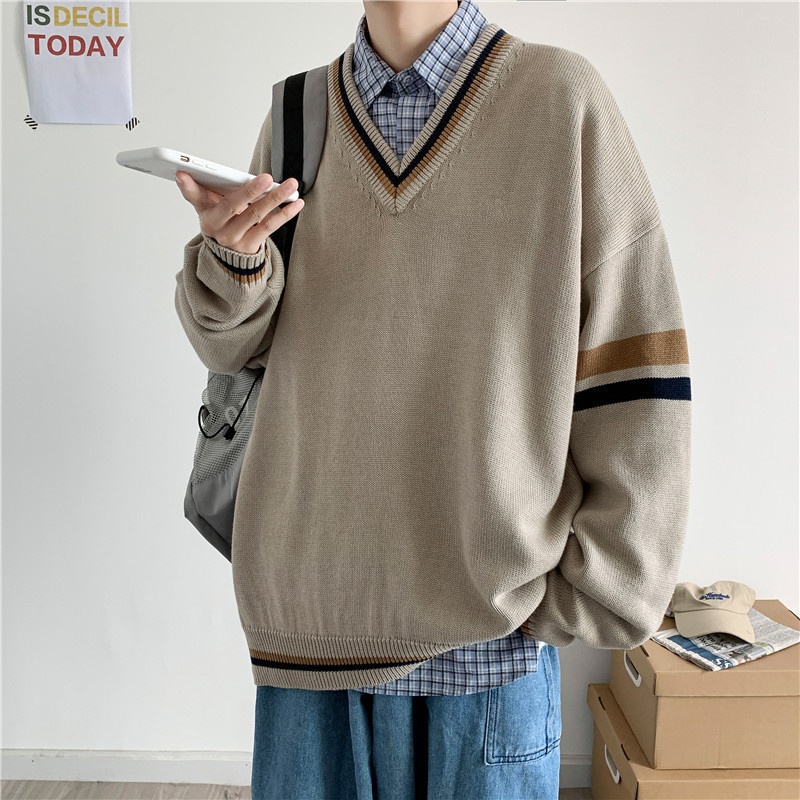 boy Boy Boy Boy Autumn Winter Sweater Men V-Neck Japanese Retro Loose Korean Style Pullover Casual Trendy Brand BF Color Block Knitwear_voghion.com