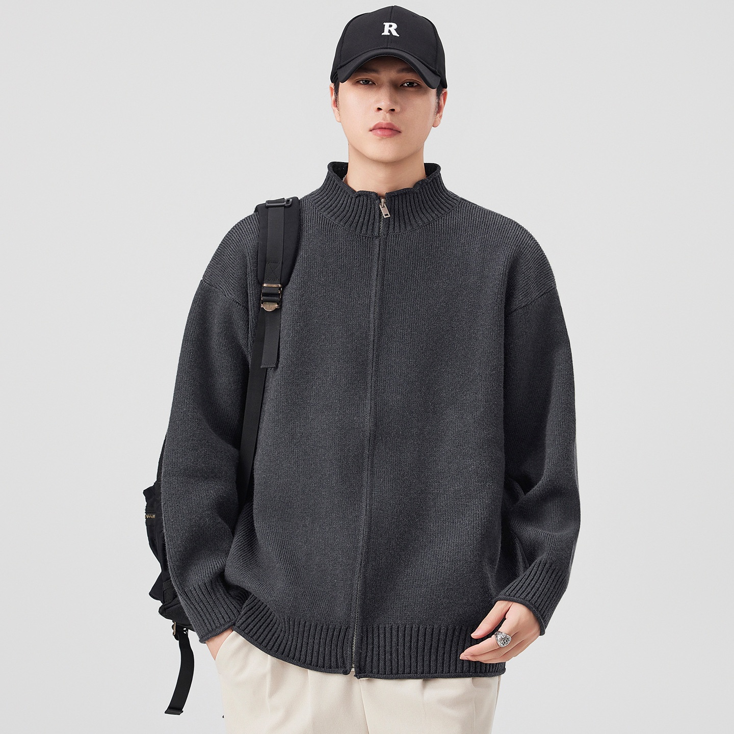 boy Boy Boy Boy Japanese Style Solid Color Heavyweight Zipper Cardigan Knitwear Versatile Casual Autumn Winter Light Sweater_voghion.com