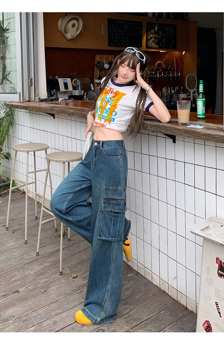 ChicShe Vintage Blue Washed Cargo Jeans For Women New American Retro High Waist Straight Wide Leg Pants_voghion.com