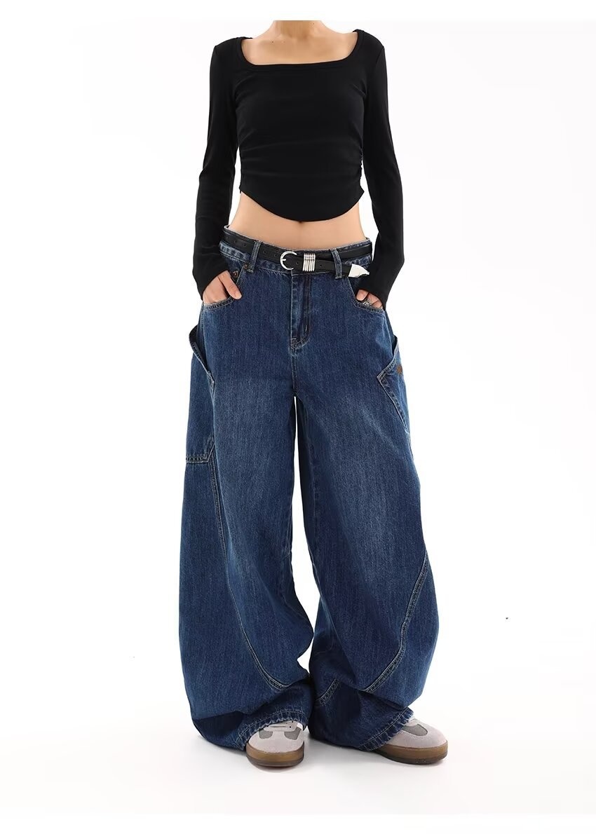 Jeans ChicShe American Retro Large Pocket Scimitar da donna, stile primaverile e autunnale, design High Street, gamba larga e ampia_voghion.com