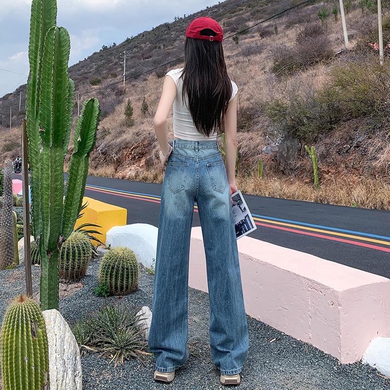 ChicShe 2025 Lente Zomer Nieuwe Amerikaanse Retro Gewassen Losse Rechte Jeans Voor Vrouwen Veelzijdige Gedrapeerde Wijde Broek_voghion.com