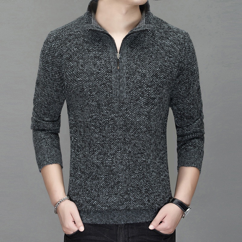 Jungen-Strickjacke aus dickem Fleece, Herren-Freizeitstrickjacke mit Stehkragen, Halbstrickjacke 8146#_voghion.com