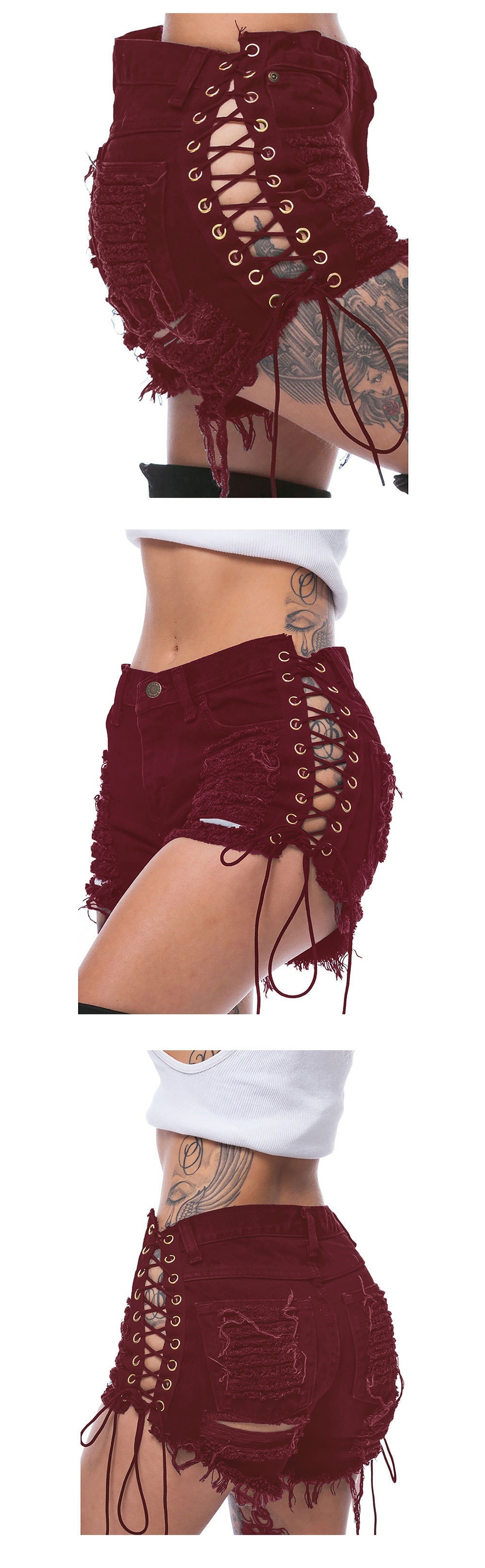 ChicShe Beggar Ripped Jeans Eyelet Bandage Europese en Amerikaanse stijl Nachtclub Sexy Dames Hotpants_voghion.com